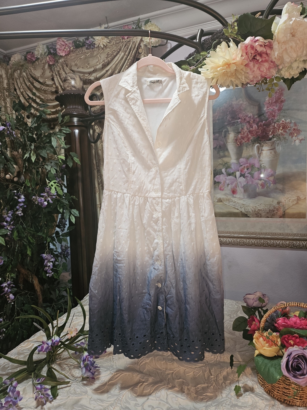 Calvin Klein INSPIRED Sleeveless Ombre Eyelet Shirt Dress - White to Blue